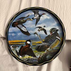 Vintage Ken Haag Signed Round Metal Serving Tray Water Fowl Ducks in Flight